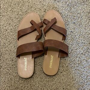 Shoe Dazzle Brown Cross-Strap Slide Sandals